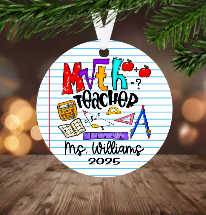 Ornament with 'Math Teacher' text and colorful graphics on a lined paper design, hanging on a tree.