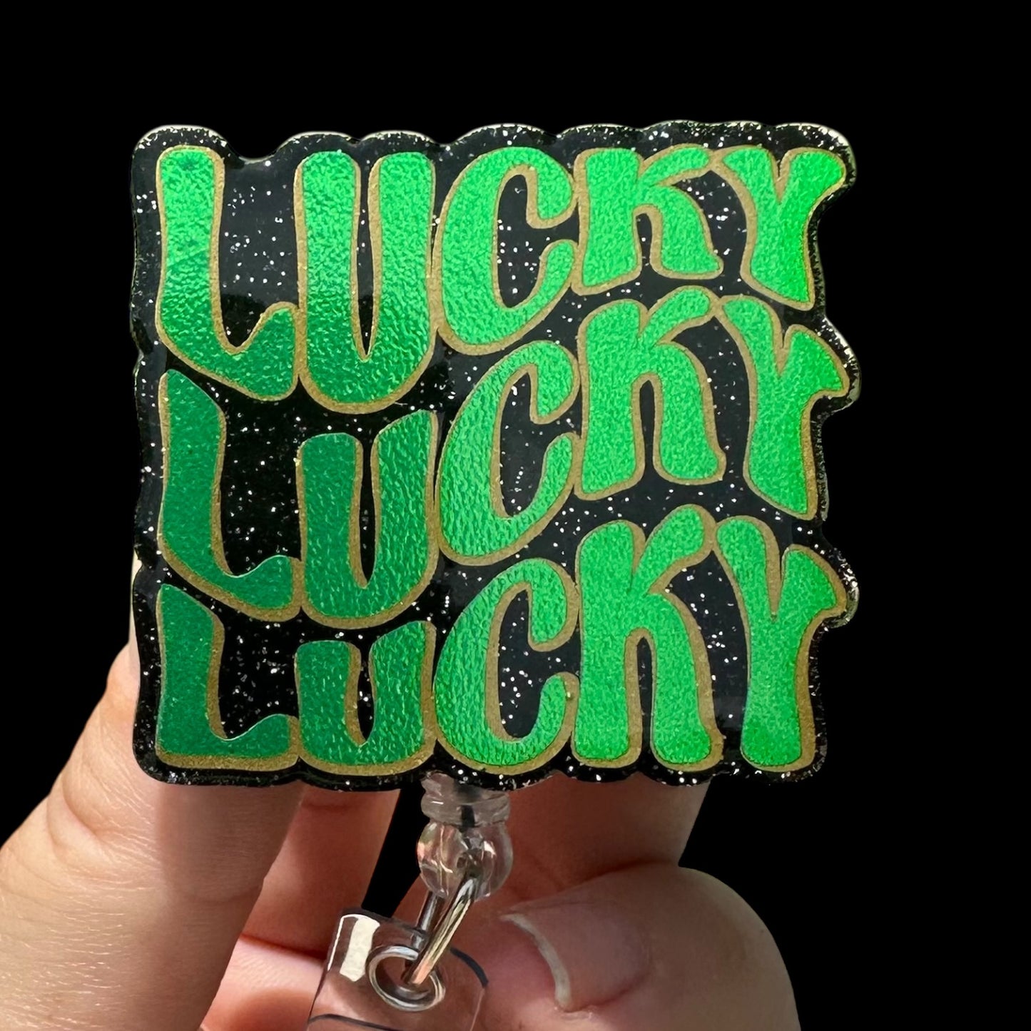 Green 'LUCKY' badge holder reel, st patricks day
