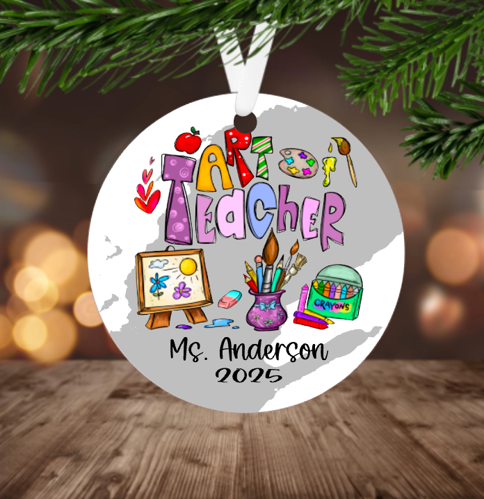 Personalized 'Art Teacher' Christmas ornament with colorful text and teacher's name on a Splash of grey background.