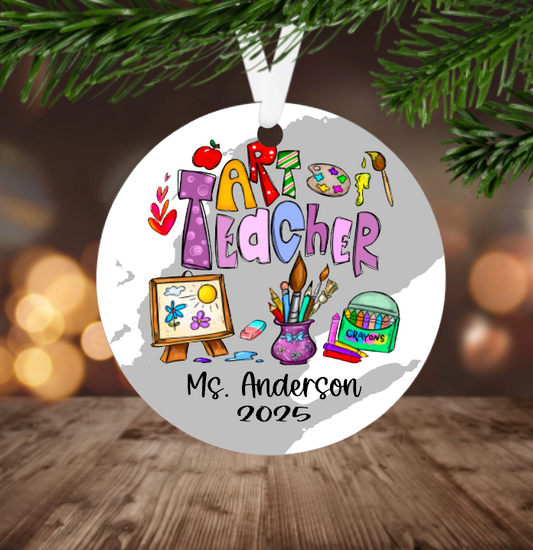 Personalized 'Art Teacher' Christmas ornament with colorful text and teacher's name on a Splash of grey background.