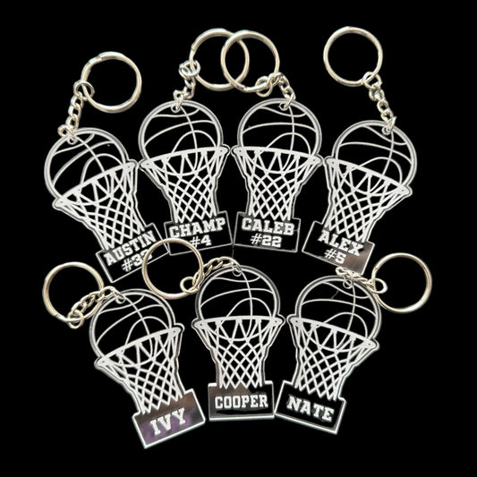 These basketball keychains can be personalized with name and player number