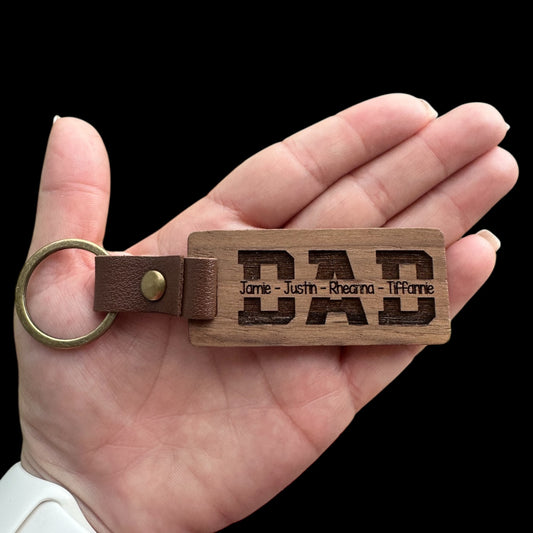Kids names on a wood keychain