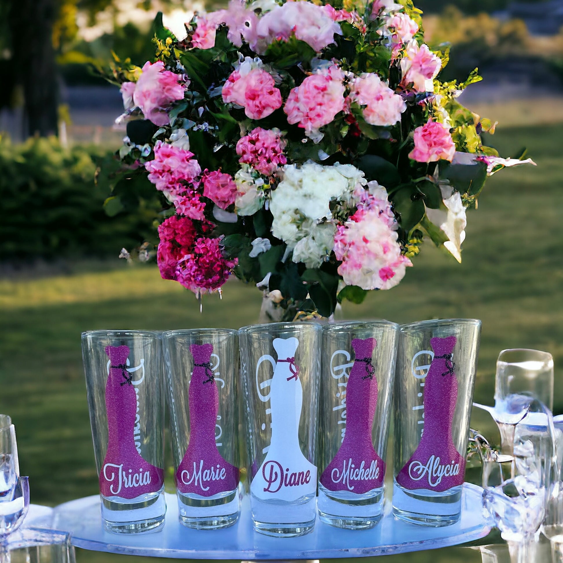 Glitter Raspberry Bridal Party Shot Glasses
