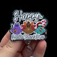 Decorative badge reel with ghost characters and Happy HalloThankMas