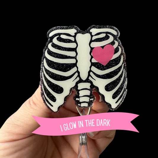 Glow-in-the-dark skeleton ribcage with a pink heart 