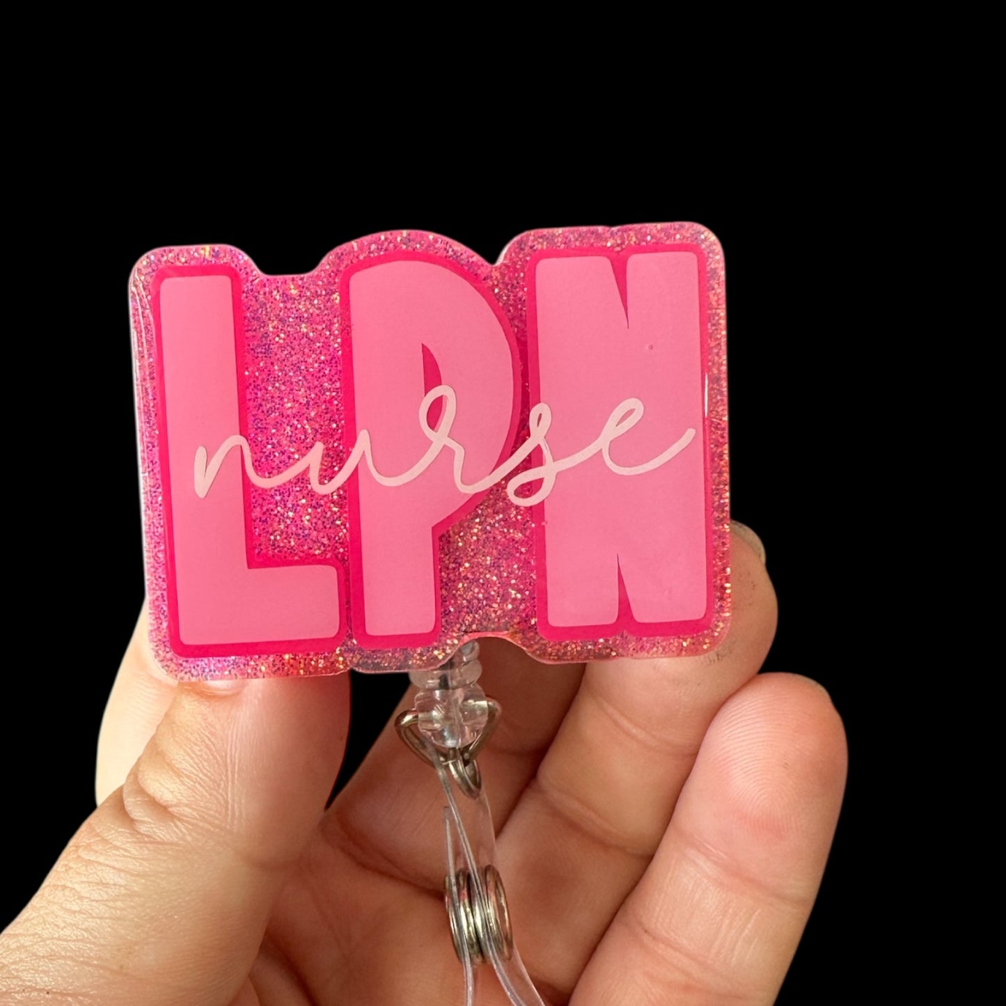 Pink glittery 'LPN nurse' badge holder 