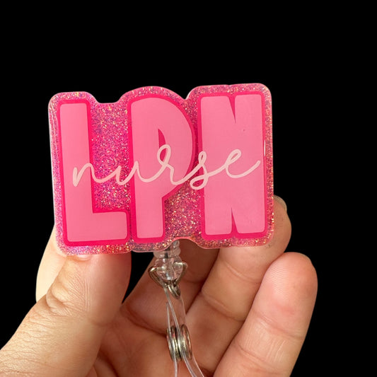 Pink glittery 'LPN nurse' badge holder 