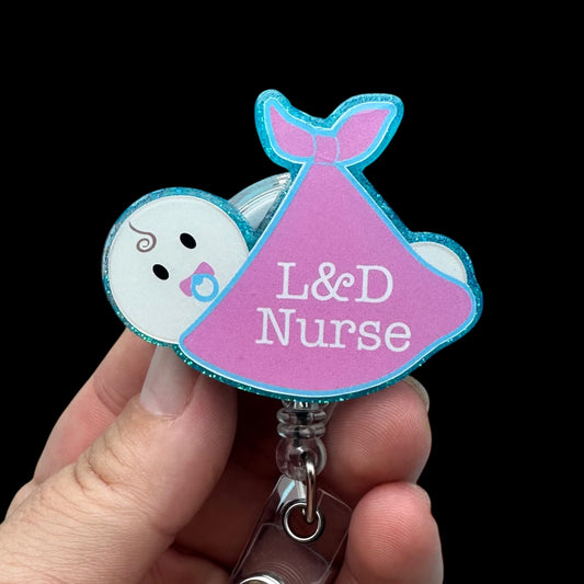 Badge holder with 'L&D Nurse' text and baby illustration