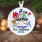 Ornament with 'Math Teacher' text and colorful graphics on a lined paper design, hanging on a tree.