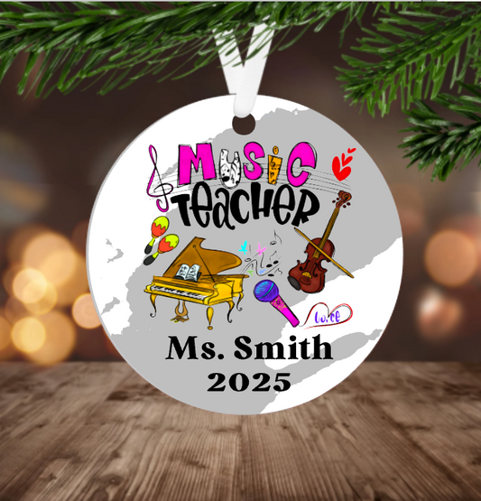 Round Christmas ornament with music-themed design and text 'Music Teacher Ms. Smith 2025' on a Christmas tree.