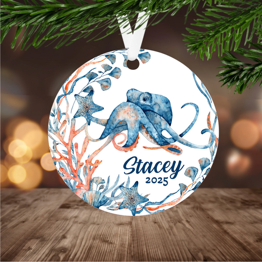 Decorative Christmas ornament with octopus design with personalized name and year