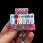 Colorful badge holder with cartoon faces and text "order of the draw"