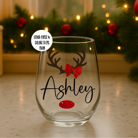 Clear 15oz glass with personalized design of antlers and bow, featuring a name on it