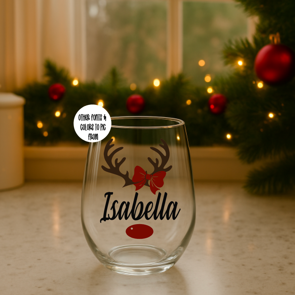 Clear 15oz glass with personalized design of antlers and bow, featuring a name on it