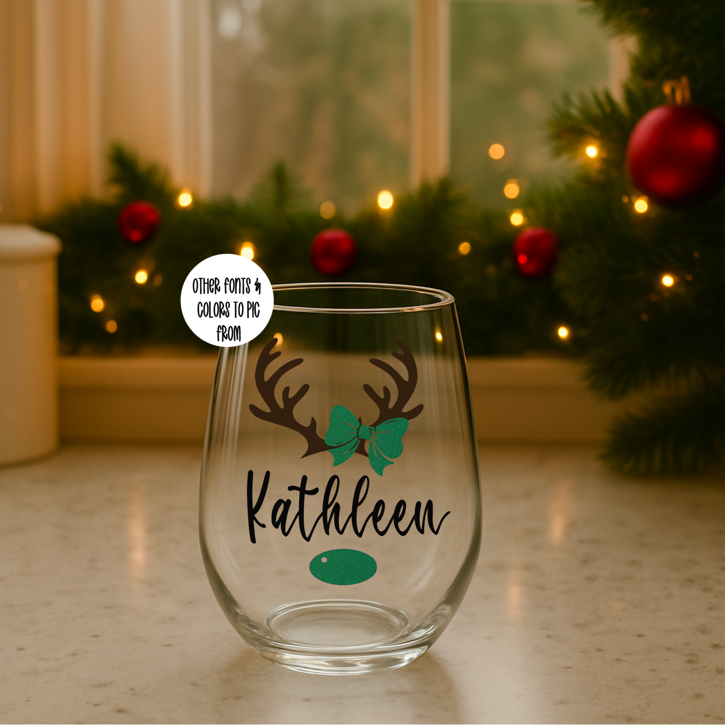 Clear 15oz glass with personalized design of antlers and bow, featuring a name on it