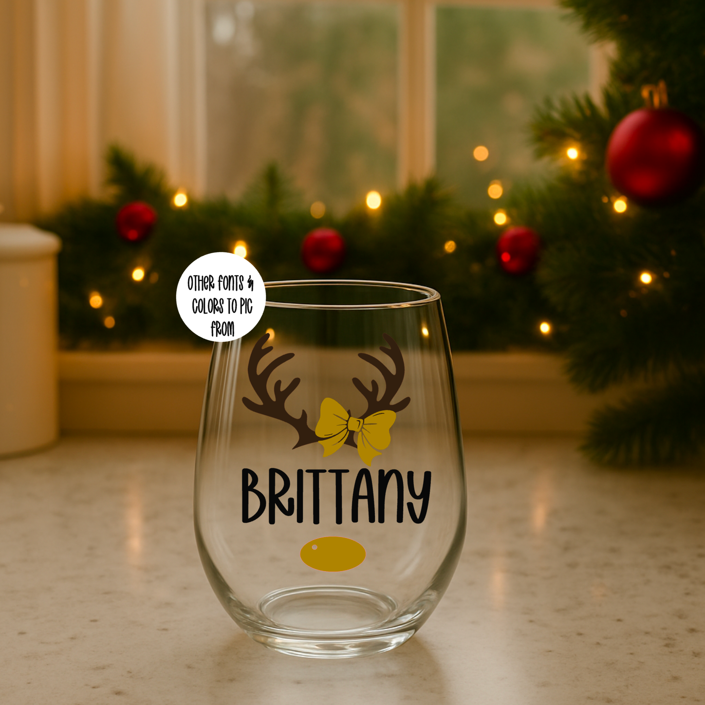 Clear 15oz glass with personalized design of antlers and bow, featuring a name on it