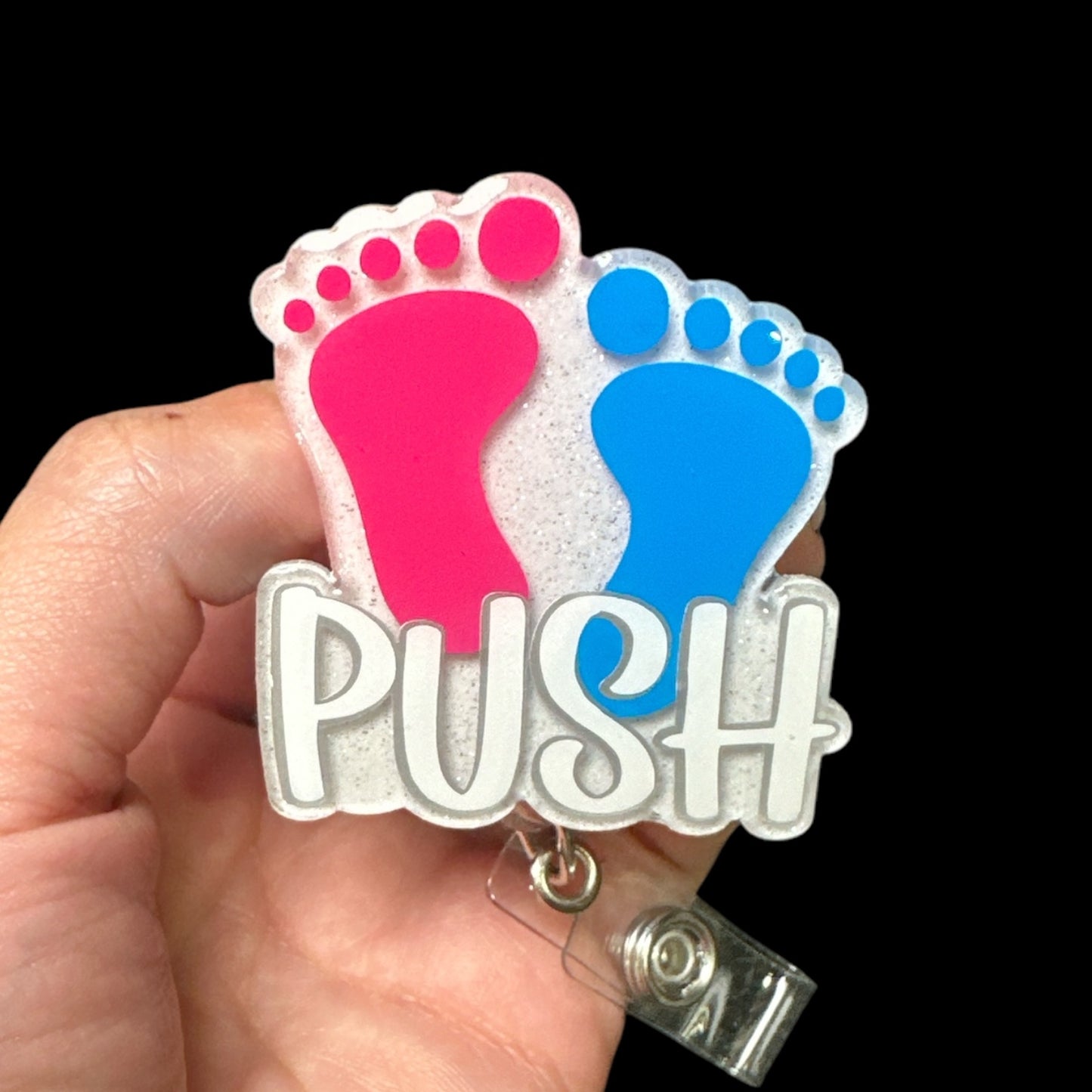 Push with Baby Feet Badge Reel