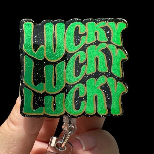 Green 'LUCKY' badge holder reel, st patricks day