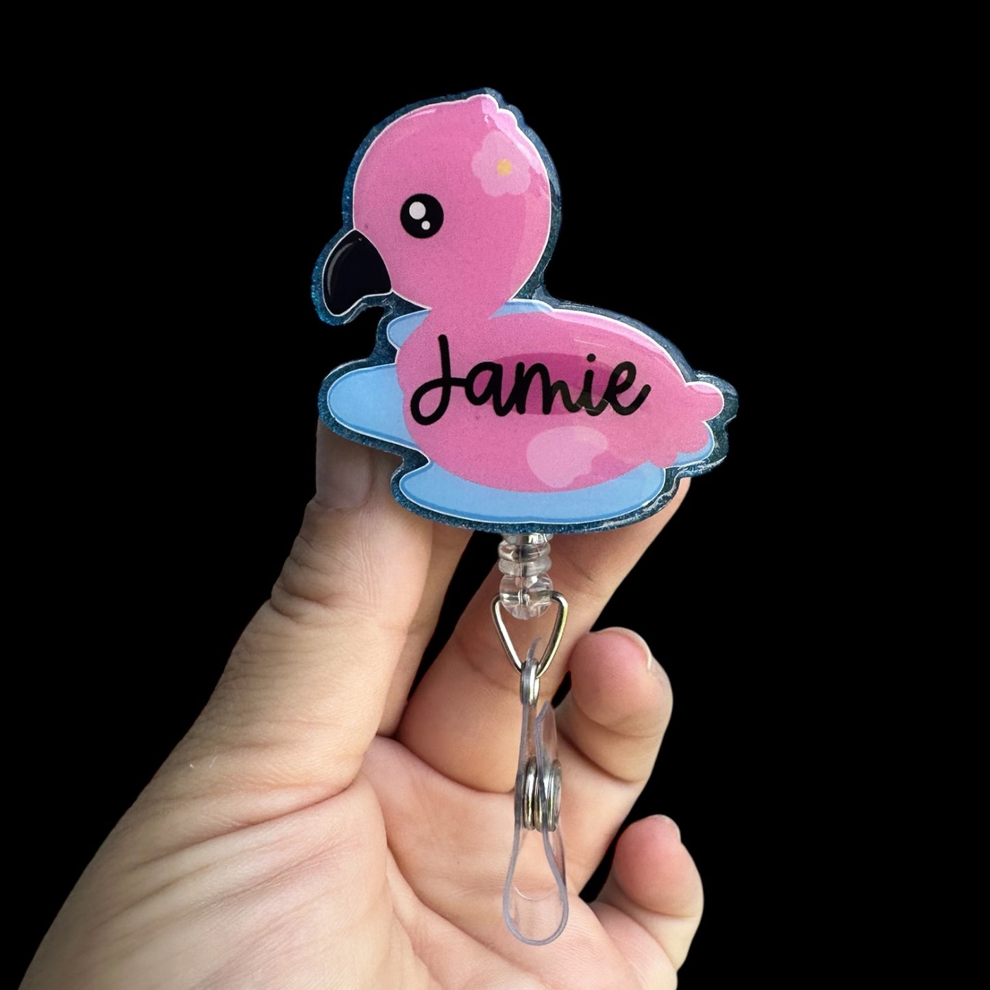 Pink flamingo pool float shaped badge holder personalized with name
