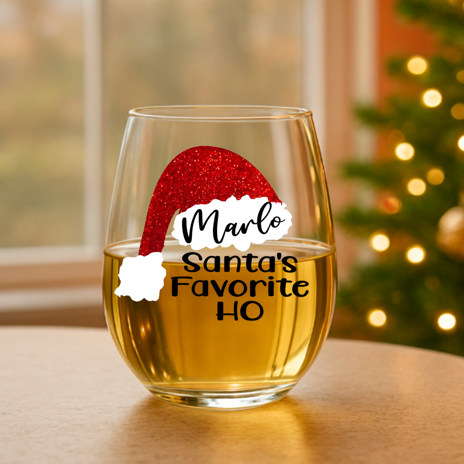 Santa's Favorite Ho Stemless Wine Glass 15oz With Name