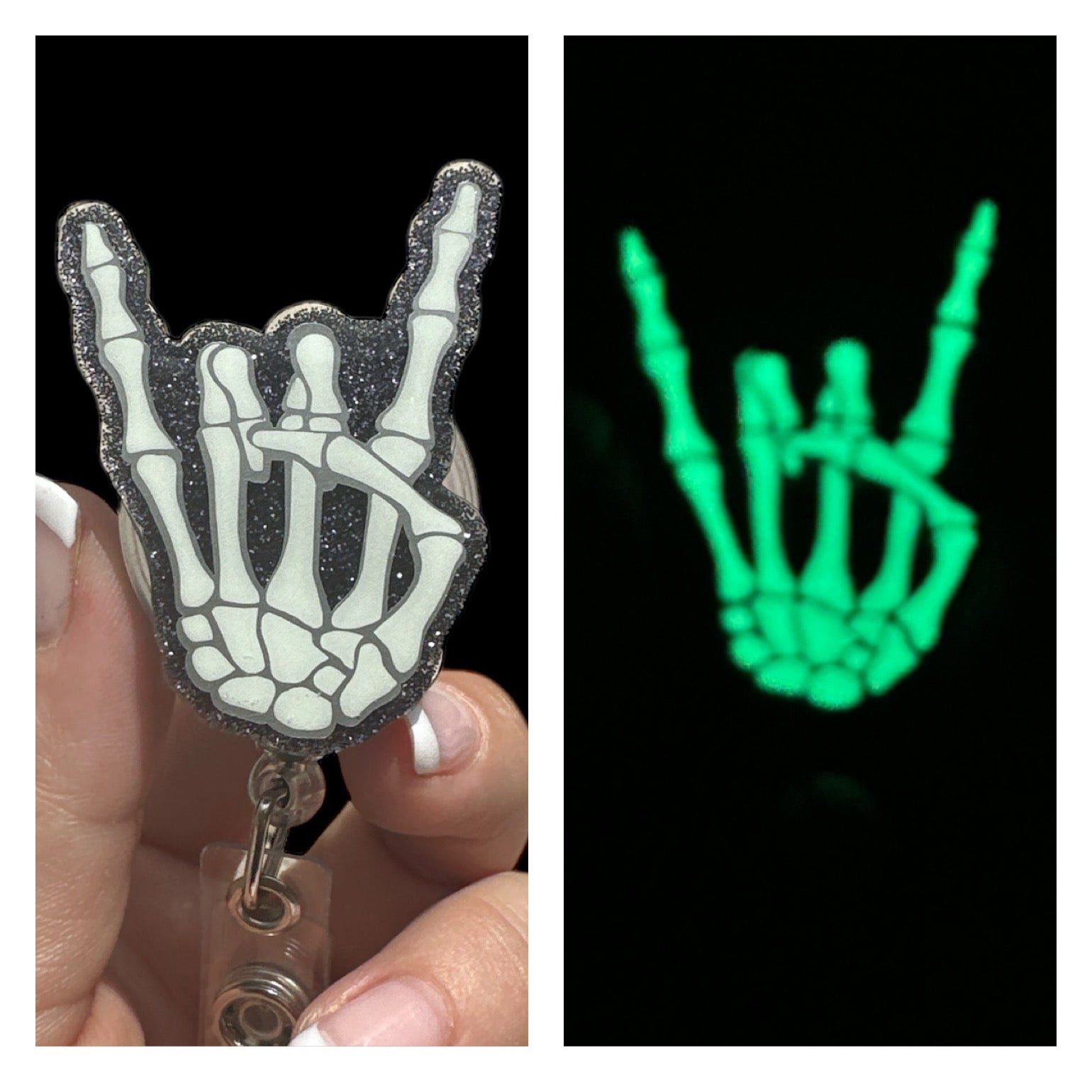 A badge reel with a skeleton hand design that glows in the dark, held in a person's hand.