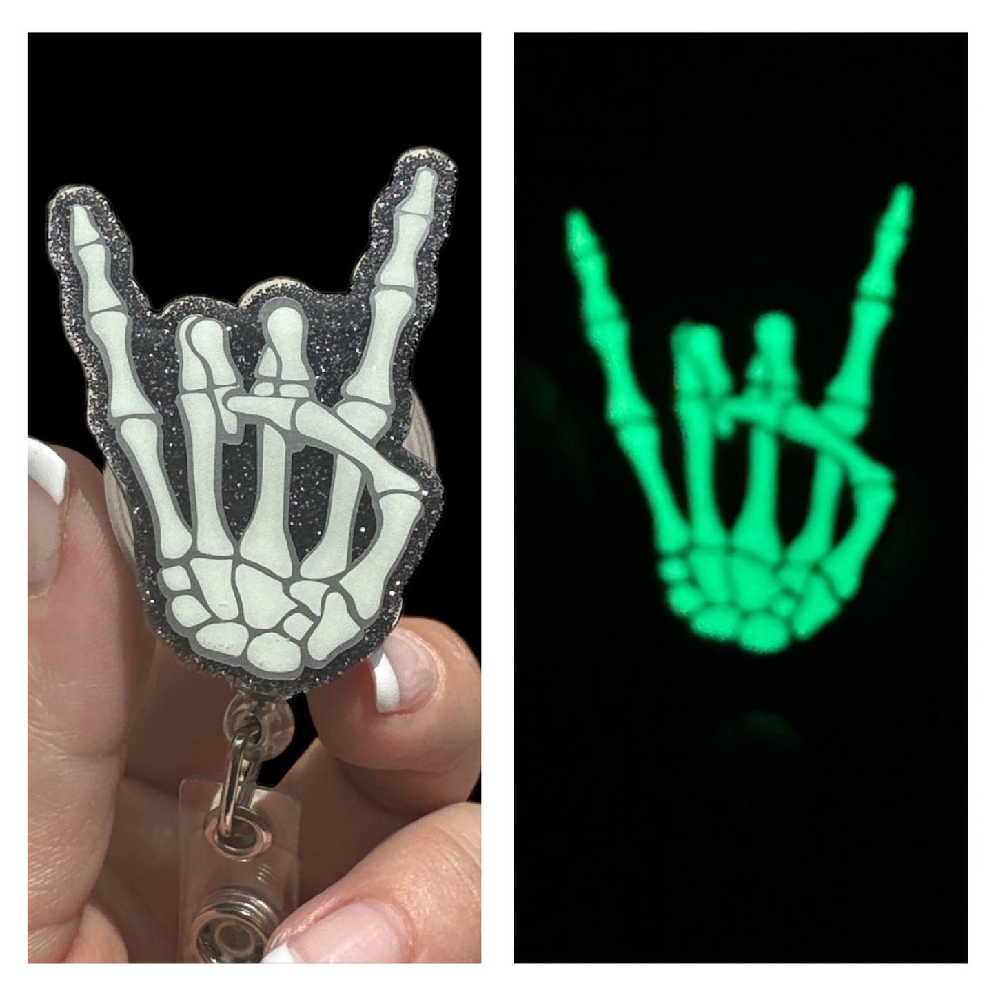 A badge reel with a skeleton hand design that glows in the dark, held in a person's hand.