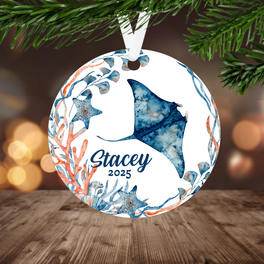 Decorative Christmas ornament with a stingray design with name and year