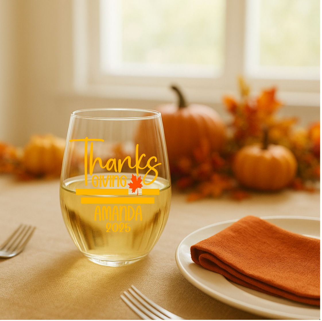 “5oz stemless wine glass with white wine on a Thanksgiving table with turkey and fall décor in bright natural light.