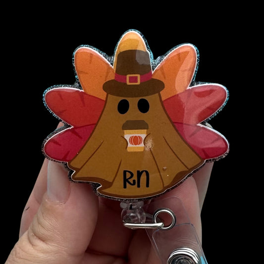 Turkey Ghost shaped badge holder with coffee and 'RN' written on bottom