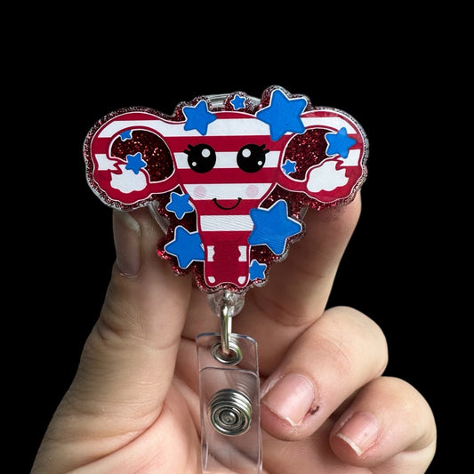 Uterus badge holder with a red, white, and blue 