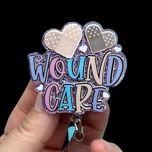 Colorful 'WOUND CARE' badge holder with heart designs 
