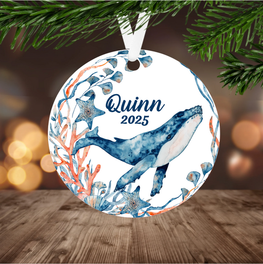Decorative ornament with whale design with personalized name and year
