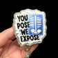 A badge reel with the text 'YOUPOSE WE EXPOSE' printed on it, featuring a blue and white color scheme