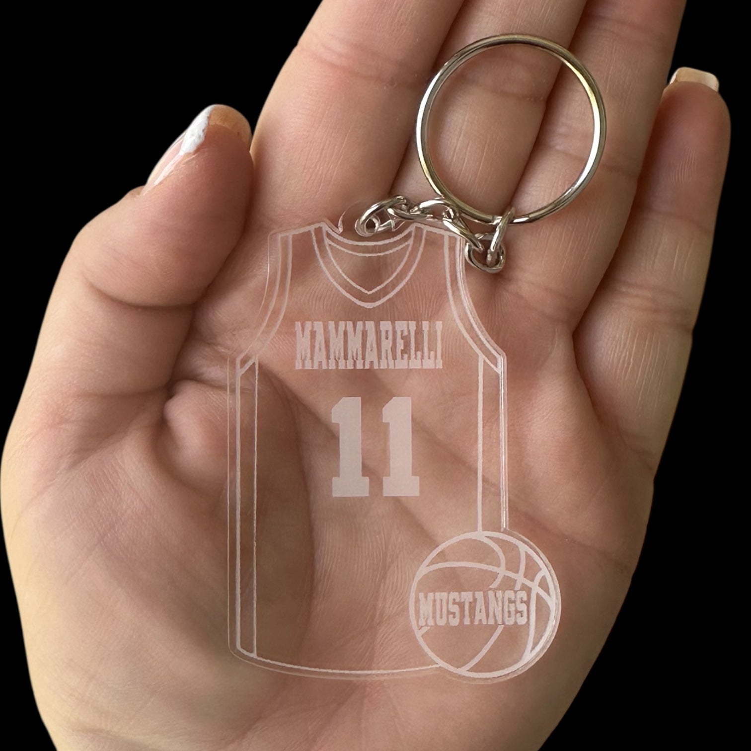 basketball keychain with mascot name, number and last name