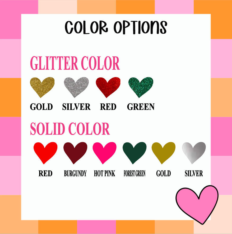 Color options chart for glitter and solid colors with heart illustrations on a colorful background.