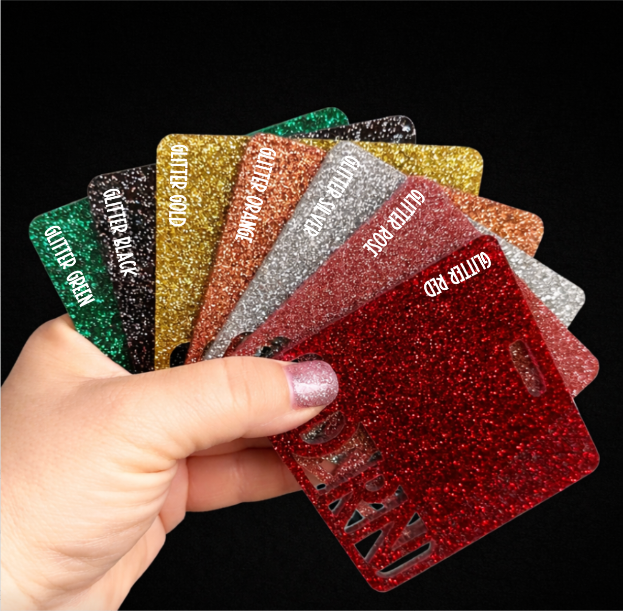 glitter green, black, gold, orange, silver, rose,