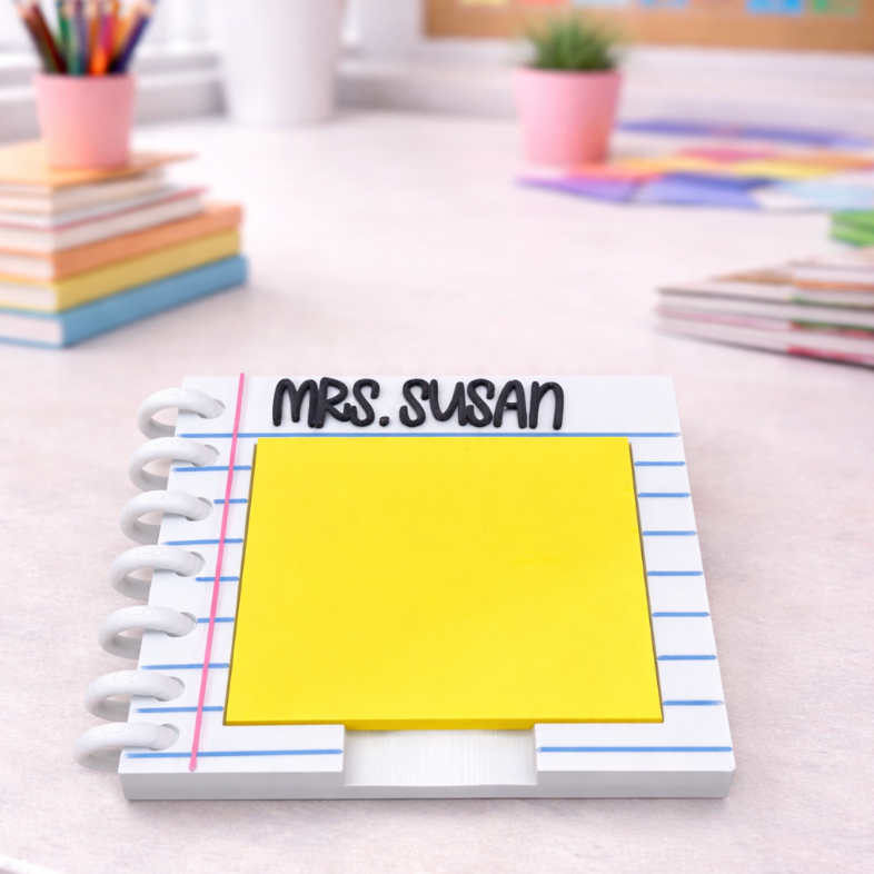 Notebook with a yellow sticky note on a desk with stationery items.